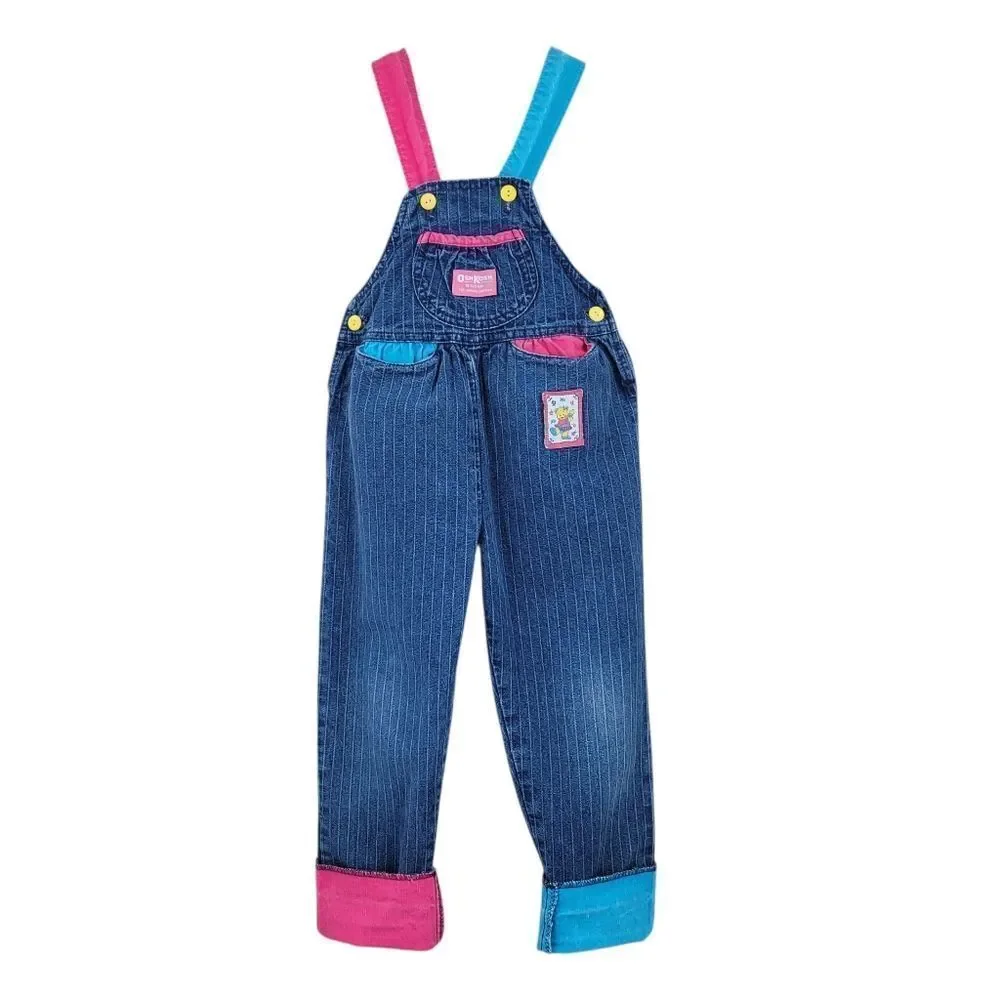 Oshkosh Vintage Overalls Pin Stripe Pink Blue Yellow Character Bear Patch